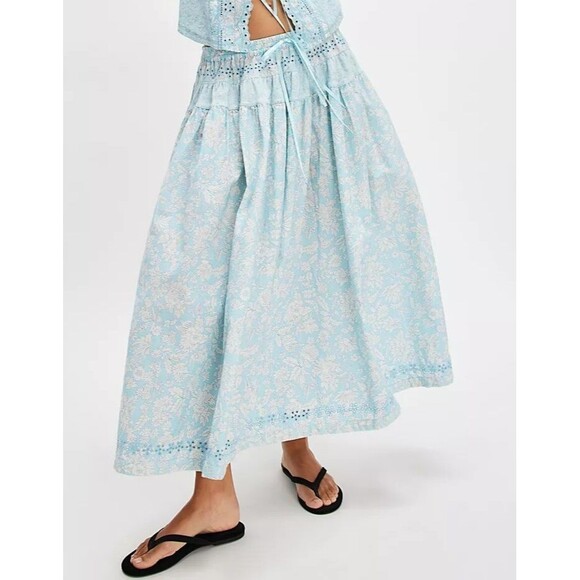 Free People Gesibelle Printed Maxi Skirt Eyelet Embroidered Cotton XS New 279849 - Picture 1 of 8